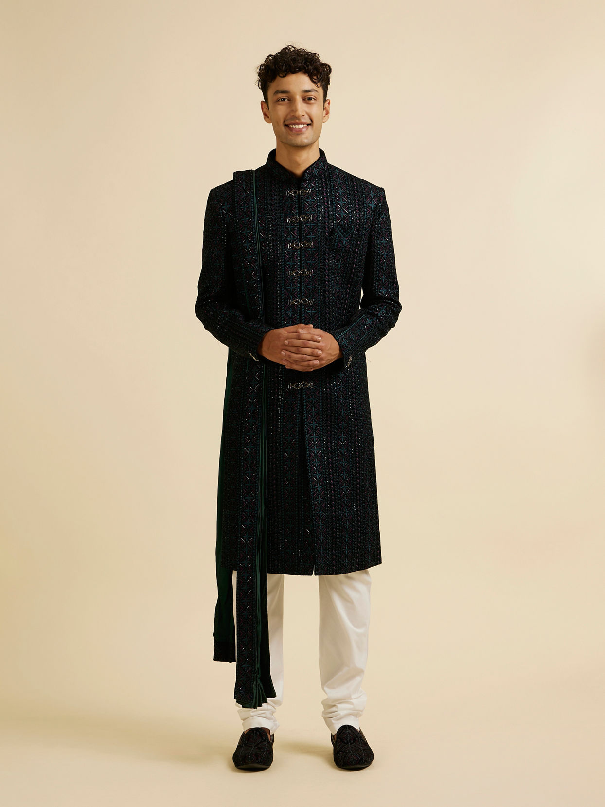 alt message - Manyavar Men Teal Green Sequined Sherwani Set image number 2