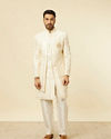 Manyavar Men Cream Foil Printed Sherwani Jacket Set