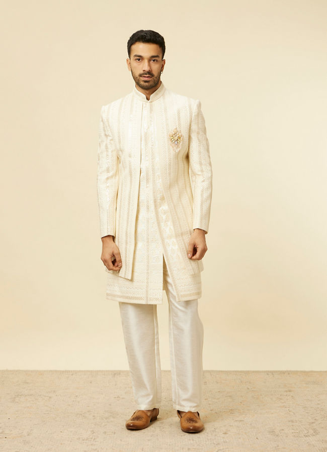 Manyavar Men Cream Foil Printed Sherwani Jacket Set