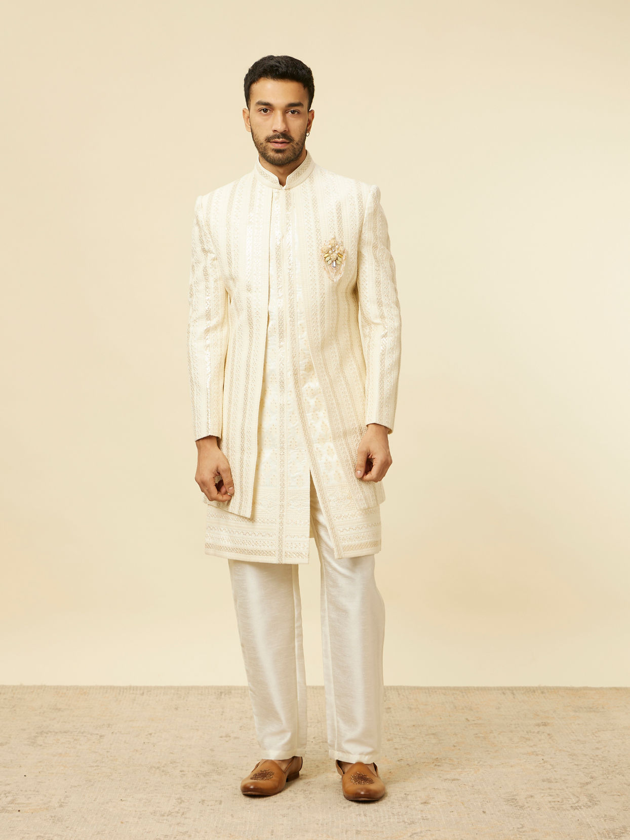 Manyavar Men Cream Foil Printed Sherwani Jacket Set