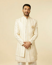 Manyavar Men Cream Foil Printed Sherwani Jacket Set