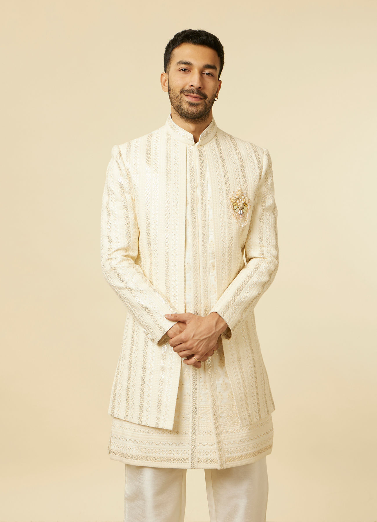 Manyavar Men Cream Foil Printed Sherwani Jacket Set