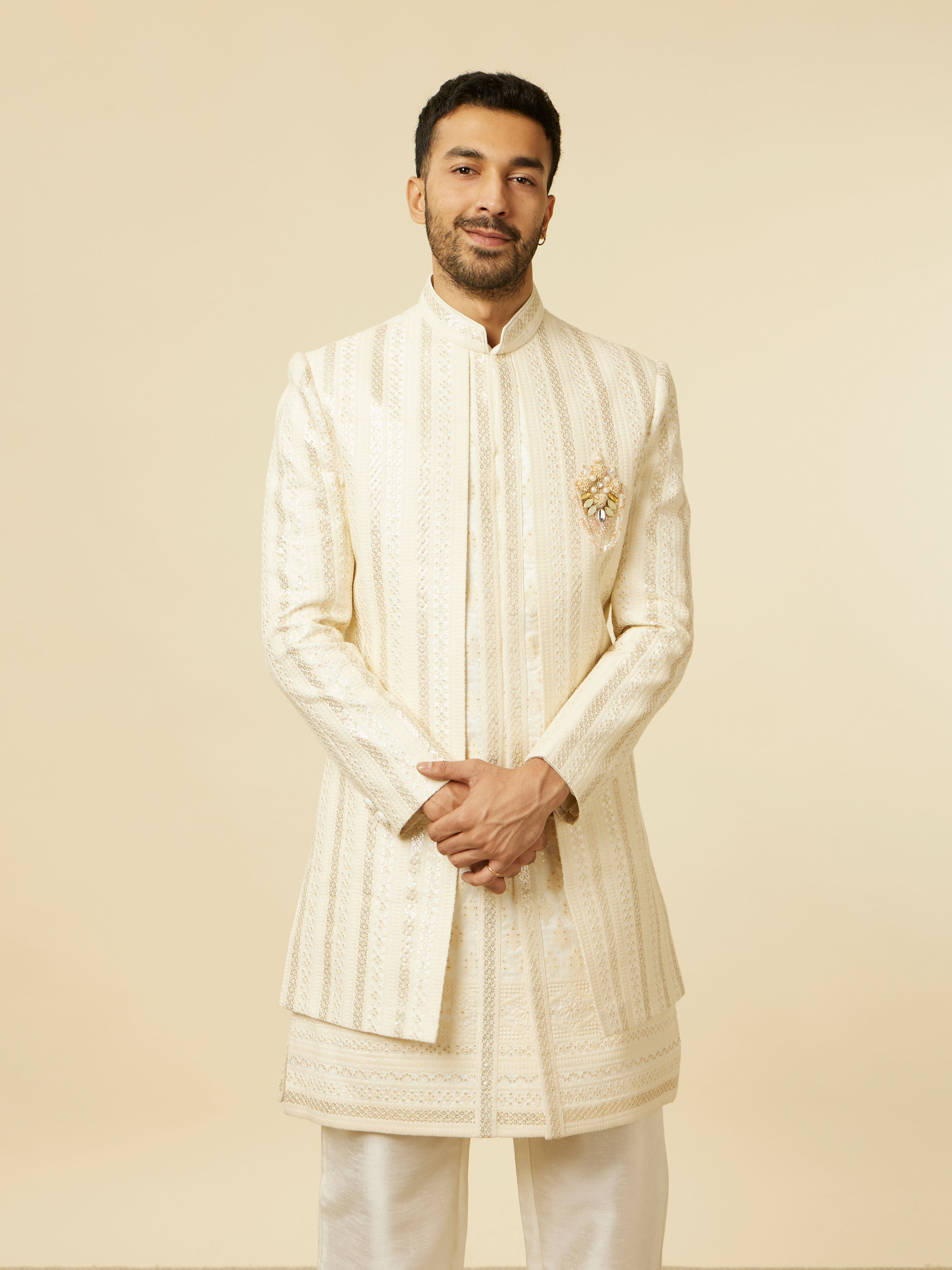 Manyavar Men Cream Foil Printed Sherwani Jacket Set