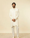 Manyavar Men Cream Sherwani Jacket Set with Mirror Work