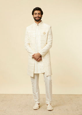alt message - Manyavar Men Cream Sherwani Jacket Set with Mirror Work image number 2
