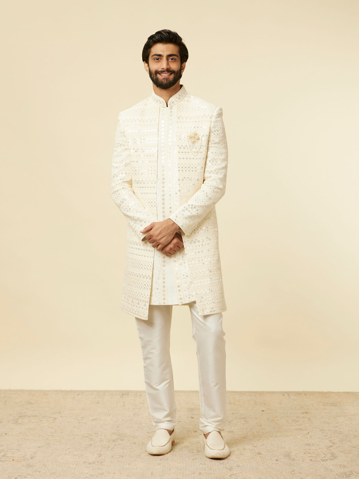 Manyavar Men Cream Sherwani Jacket Set with Mirror Work