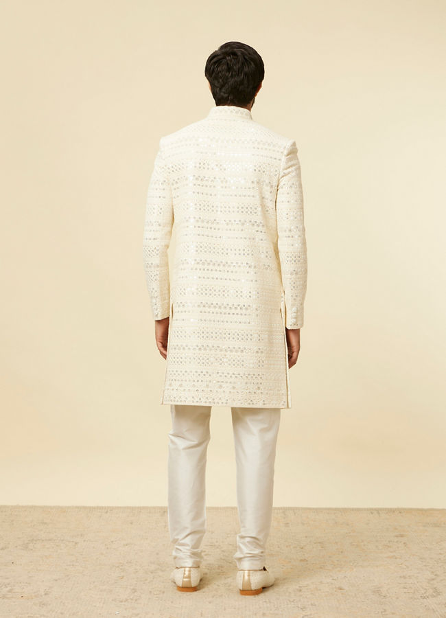 Manyavar Men Cream Sherwani Jacket Set with Mirror Work