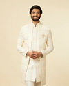 alt message - Manyavar Men Cream Sherwani Jacket Set with Mirror Work image number 0