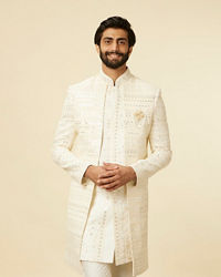 Manyavar Men Cream Sherwani Jacket Set with Mirror Work