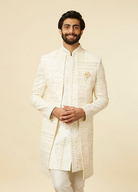alt message - Manyavar Men Cream Sherwani Jacket Set with Mirror Work image number 0