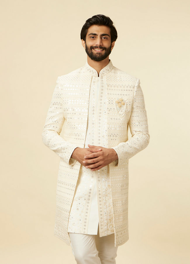 alt message - Manyavar Men Cream Sherwani Jacket Set with Mirror Work image number 0