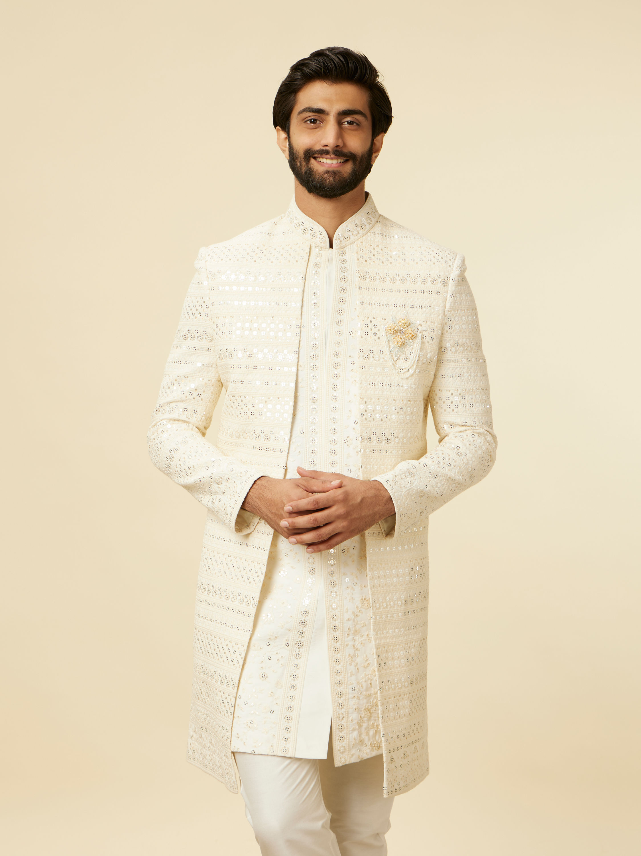 Manyavar Men Cream Sherwani Jacket Set with Mirror Work