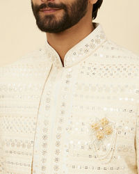 Manyavar Men Cream Sherwani Jacket Set with Mirror Work