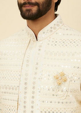 alt message - Manyavar Men Cream Sherwani Jacket Set with Mirror Work image number 1