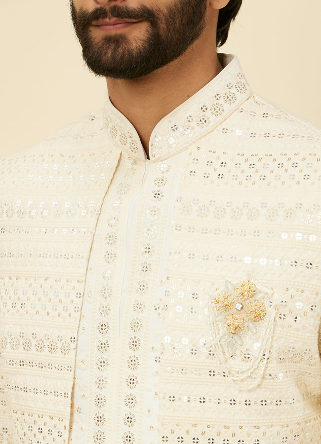 Manyavar Men Cream Open Sherwani Jacket Set with Mirror Work