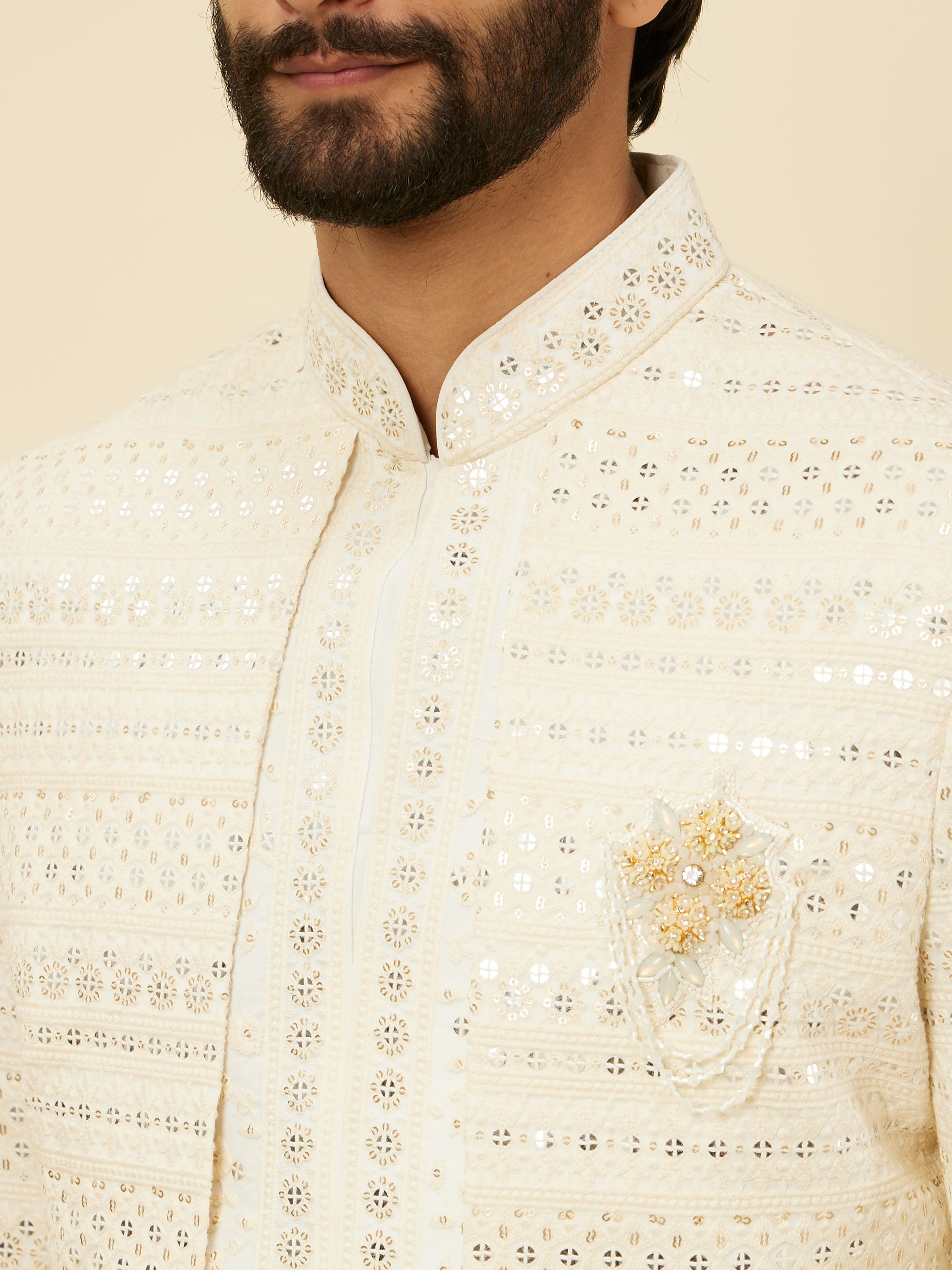 Manyavar Men Cream Sherwani Jacket Set with Mirror Work