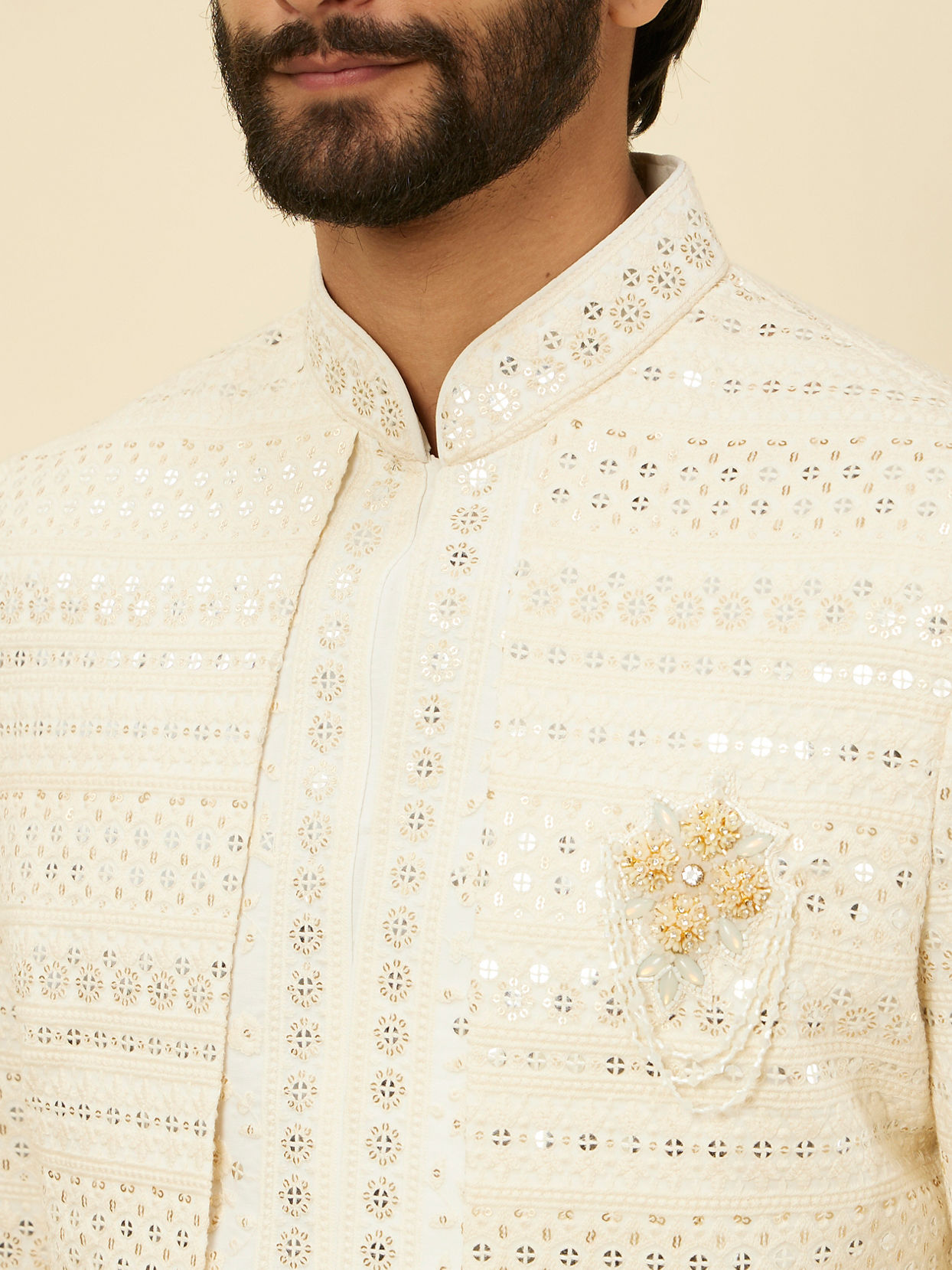 alt message - Manyavar Men Cream Sherwani Jacket Set with Mirror Work image number 1