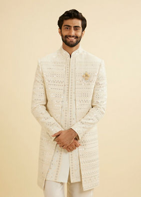 Manyavar Men Smoke Grey Open Sherwani Jacket Set with Mirror Work