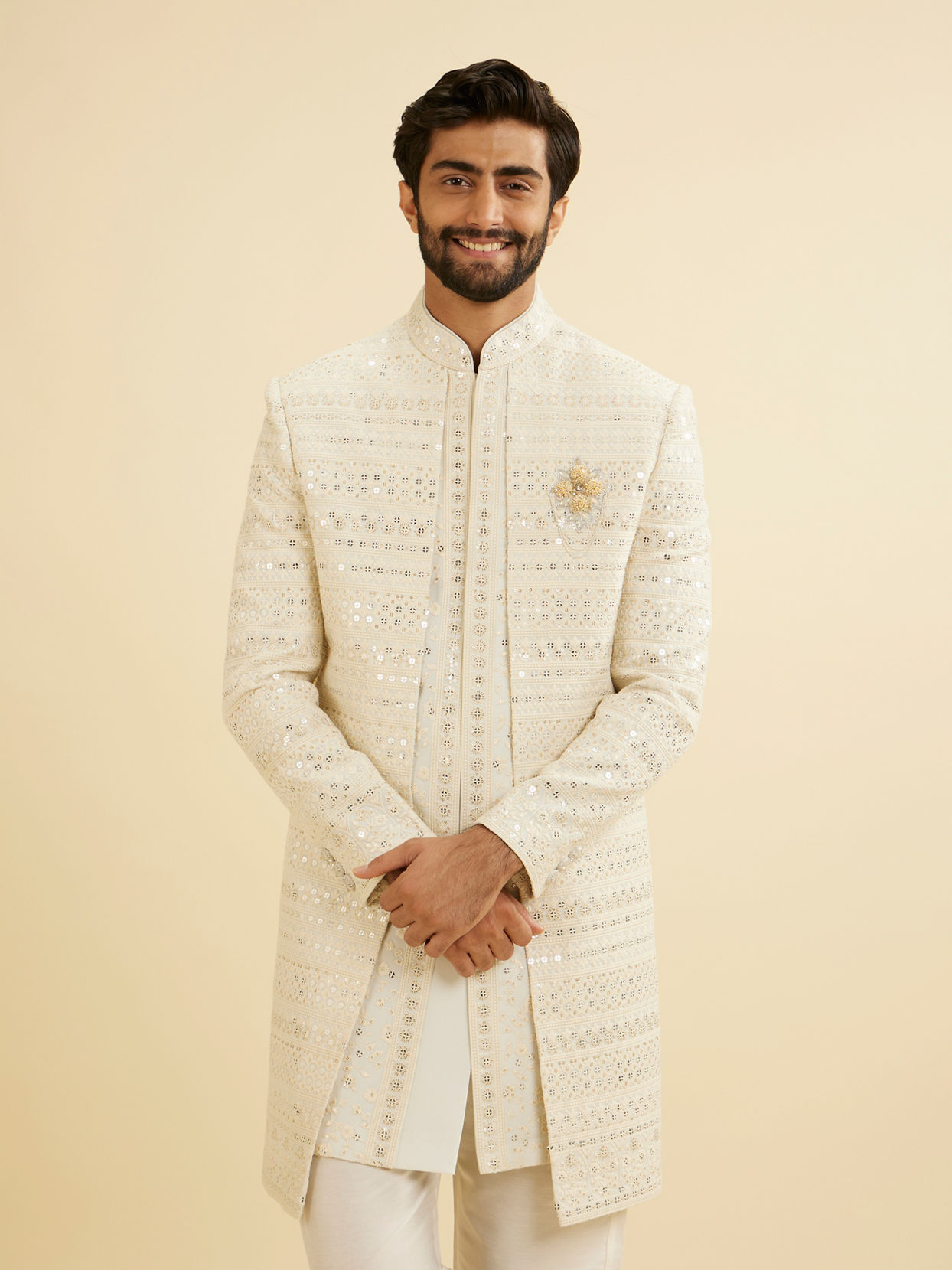 Manyavar Men Smoke Grey Open Sherwani Jacket Set with Mirror Work