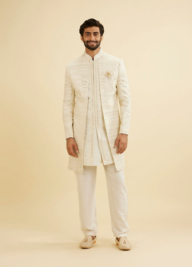 Manyavar Men Smoke Grey Sherwani Jacket Set with Mirror Work