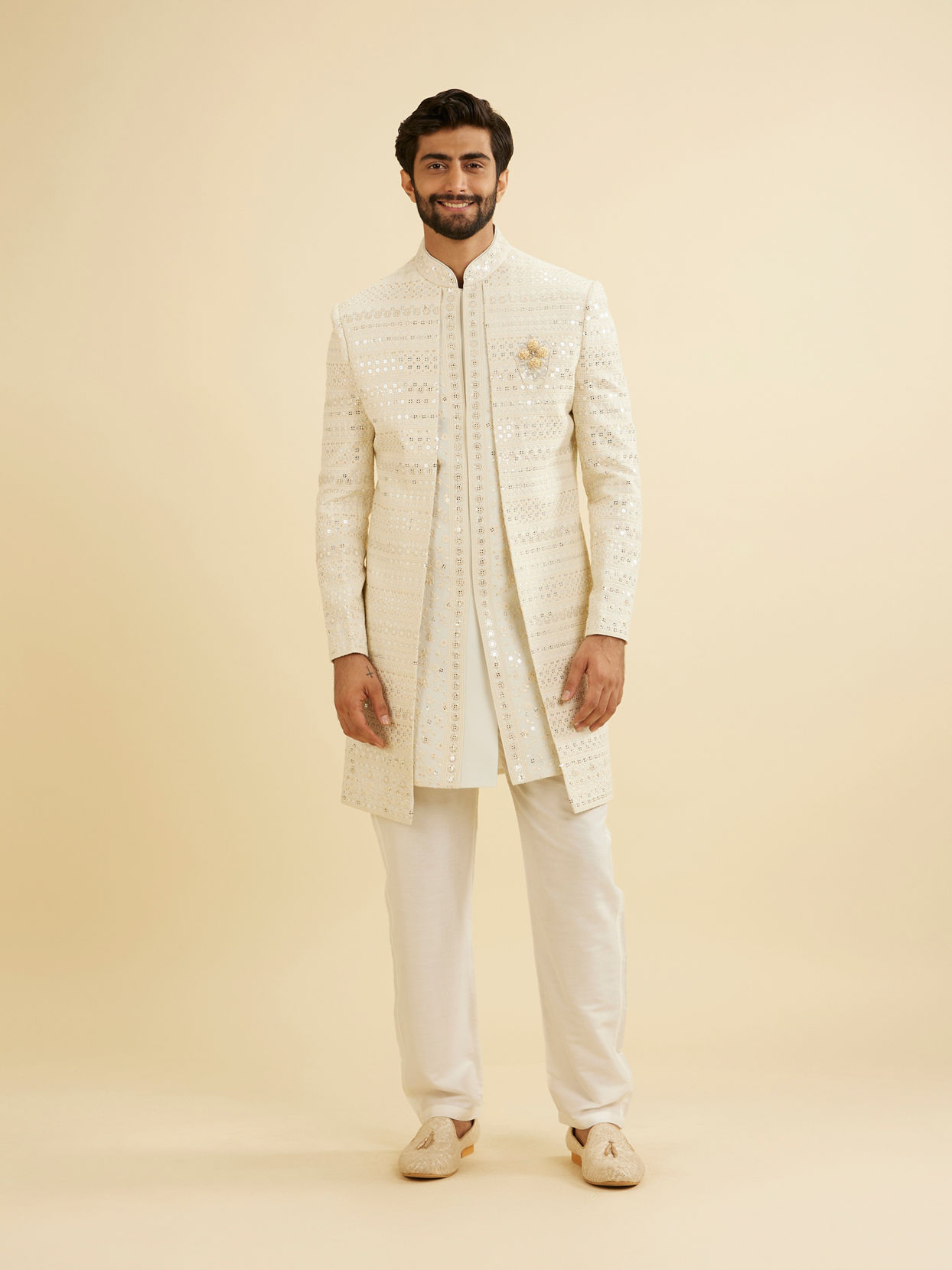 Manyavar Men Smoke Grey Sherwani Jacket Set with Mirror Work