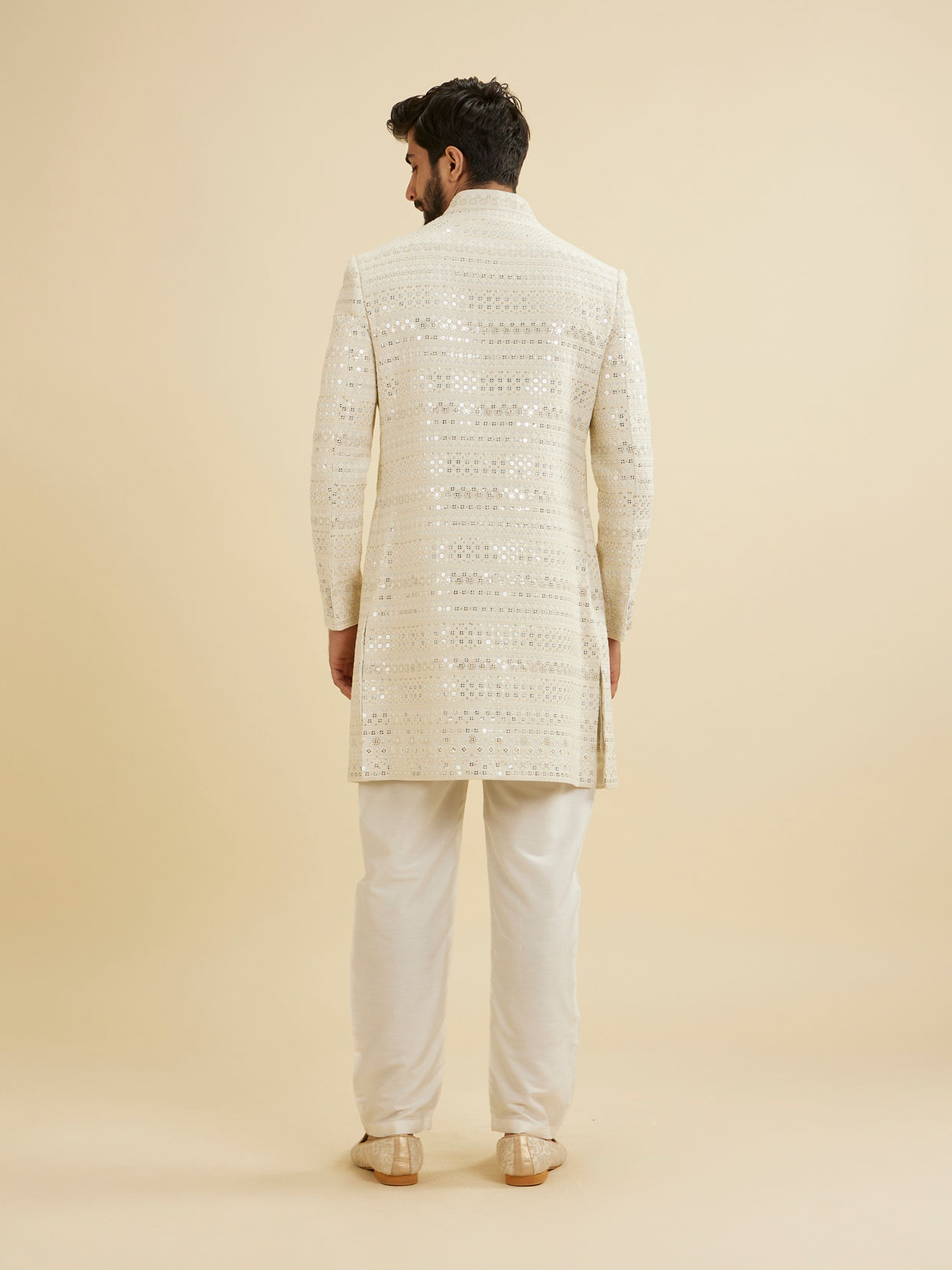 Manyavar Men Smoke Grey Sherwani Jacket Set with Mirror Work