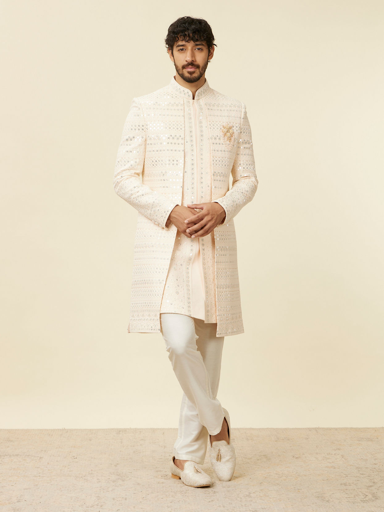 Manyavar Men Cream Peach Self designed Sherwani Set