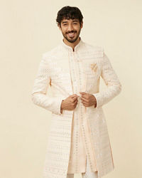 Manyavar Men Cream Peach Self designed Sherwani Set