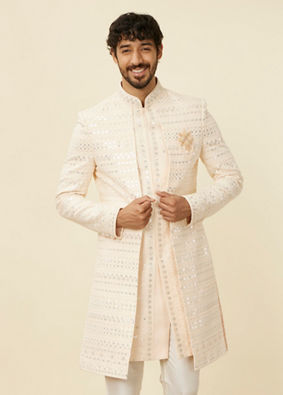 Manyavar Men Cream Peach Self designed Open Sherwani Set