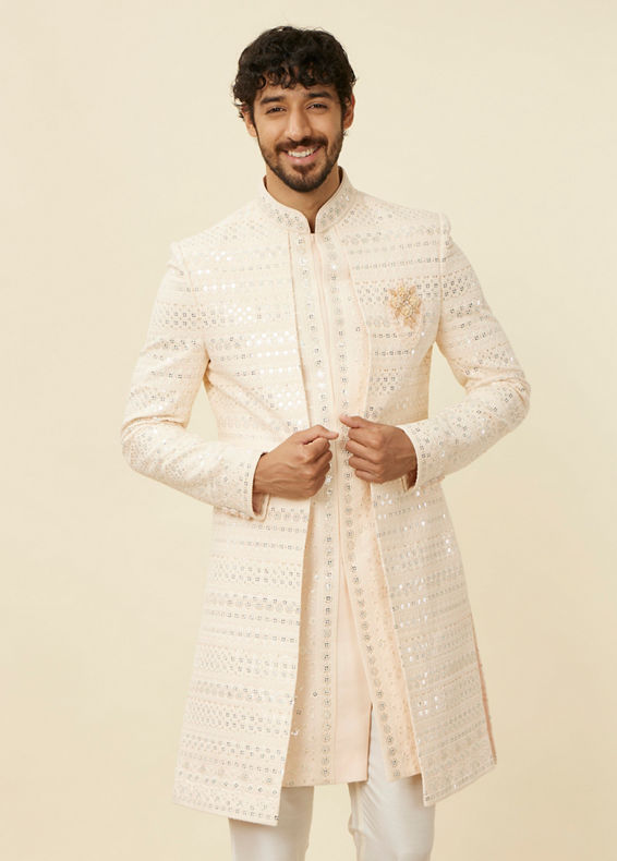 Manyavar Men Cream Peach Self designed Sherwani Set
