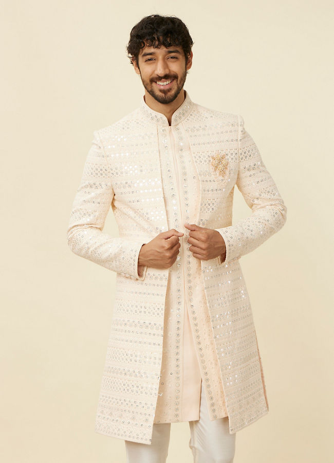 alt message - Manyavar Men Cream Peach Self-designed Sherwani Set image number 0