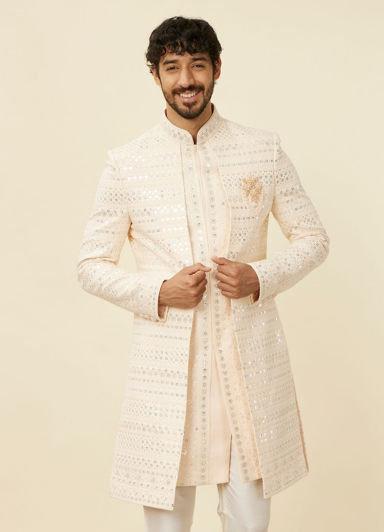 Manyavar Men Cream Peach Self designed Sherwani Set