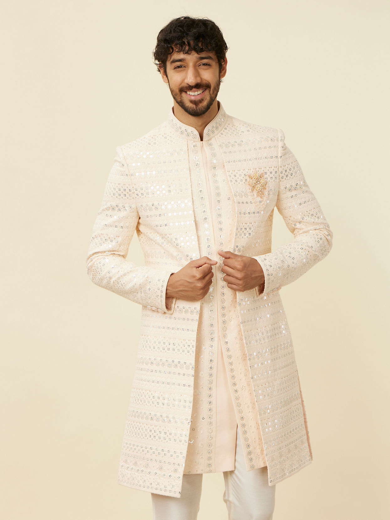 Manyavar Men Cream Peach Self designed Open Sherwani Set