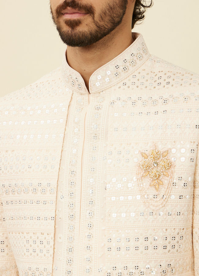 Manyavar Men Cream Peach Self designed Open Sherwani Set