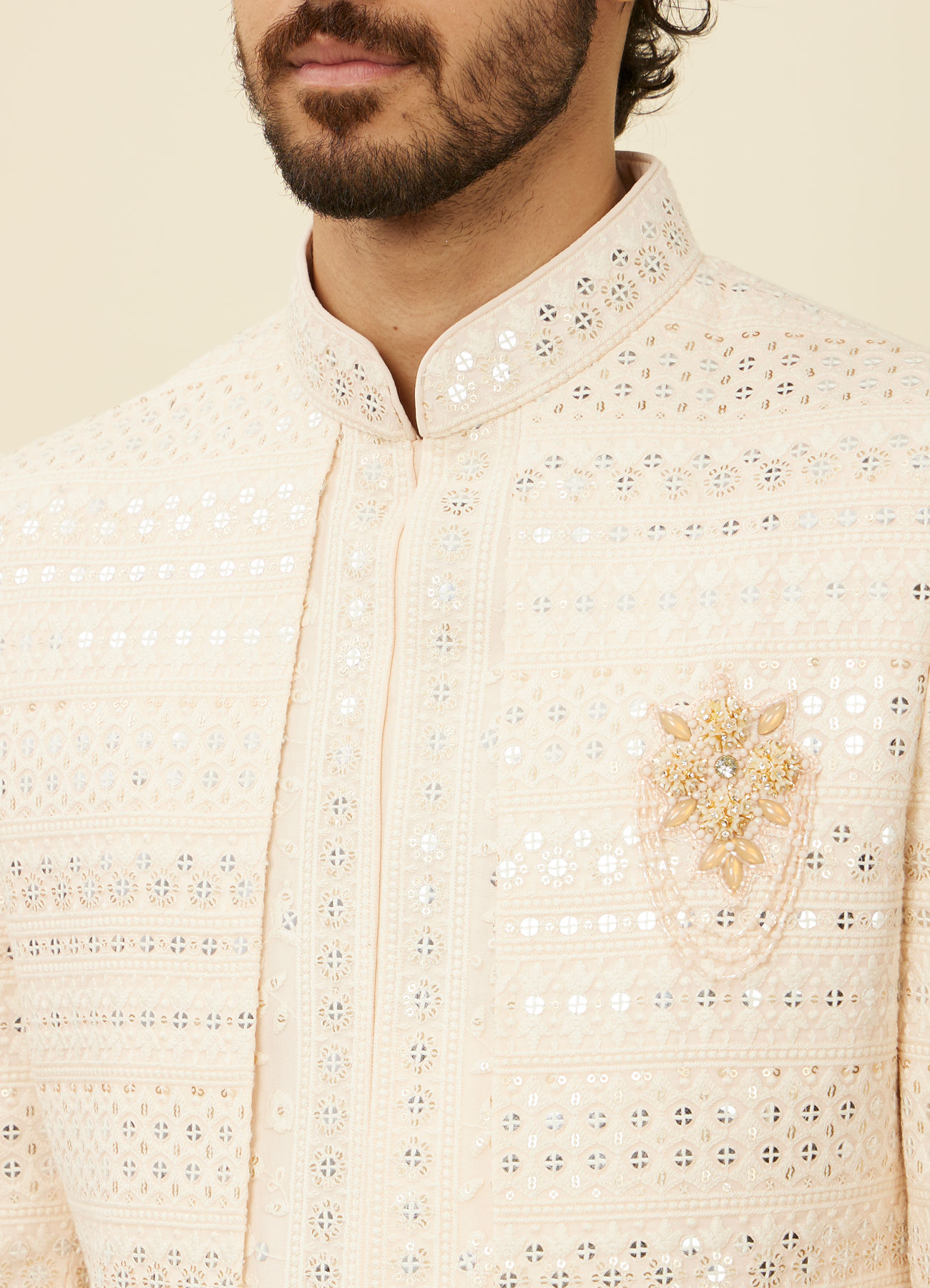 Manyavar Men Cream Peach Self designed Sherwani Set