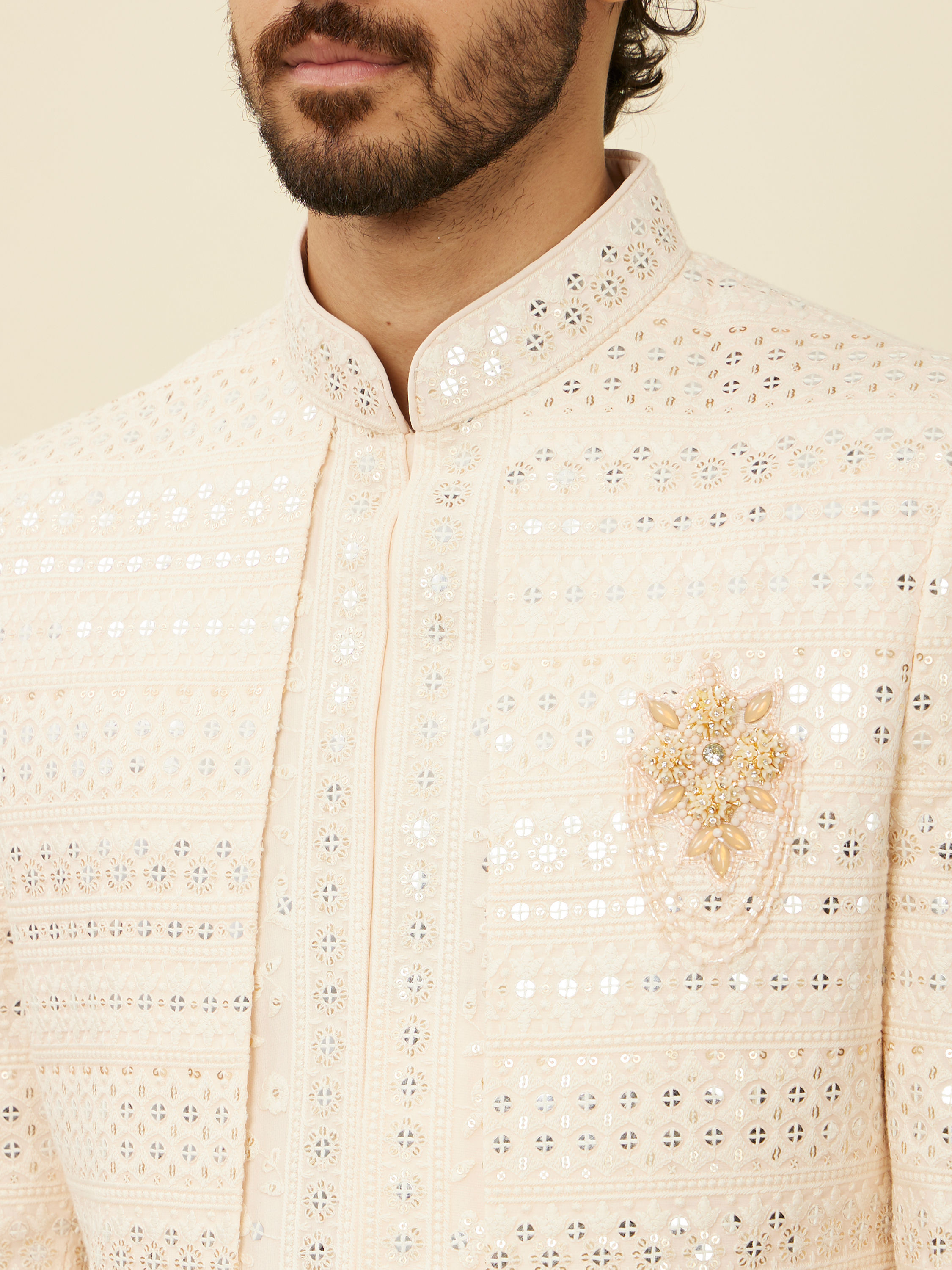 Manyavar Men Cream Peach Self designed Sherwani Set