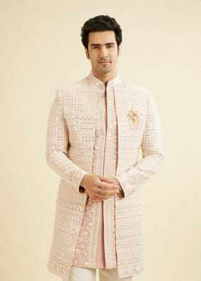 Manyavar Men Dusty Pink Open Sherwani Jacket Set with Mirror Work