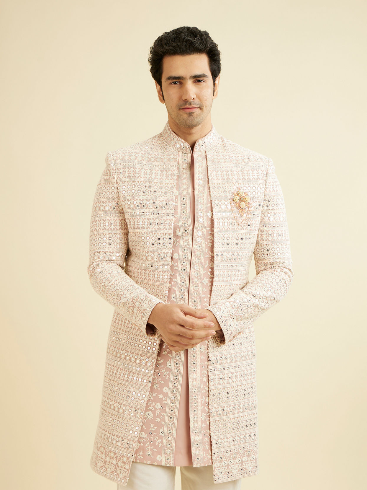 Manyavar Men Dusty Pink Open Sherwani Jacket Set with Mirror Work