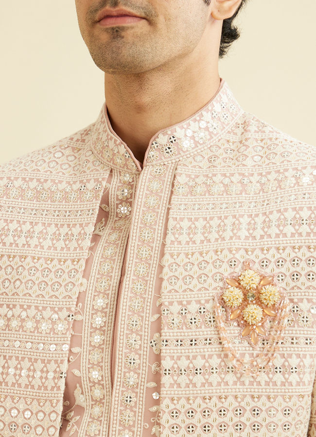 Manyavar Men Dusty Pink Open Sherwani Jacket Set with Mirror Work