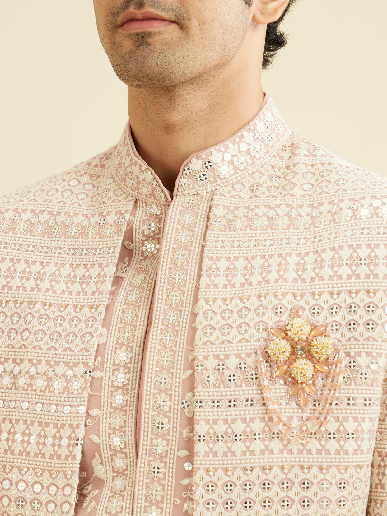 Manyavar Men Dusty Pink Open Sherwani Jacket Set with Mirror Work