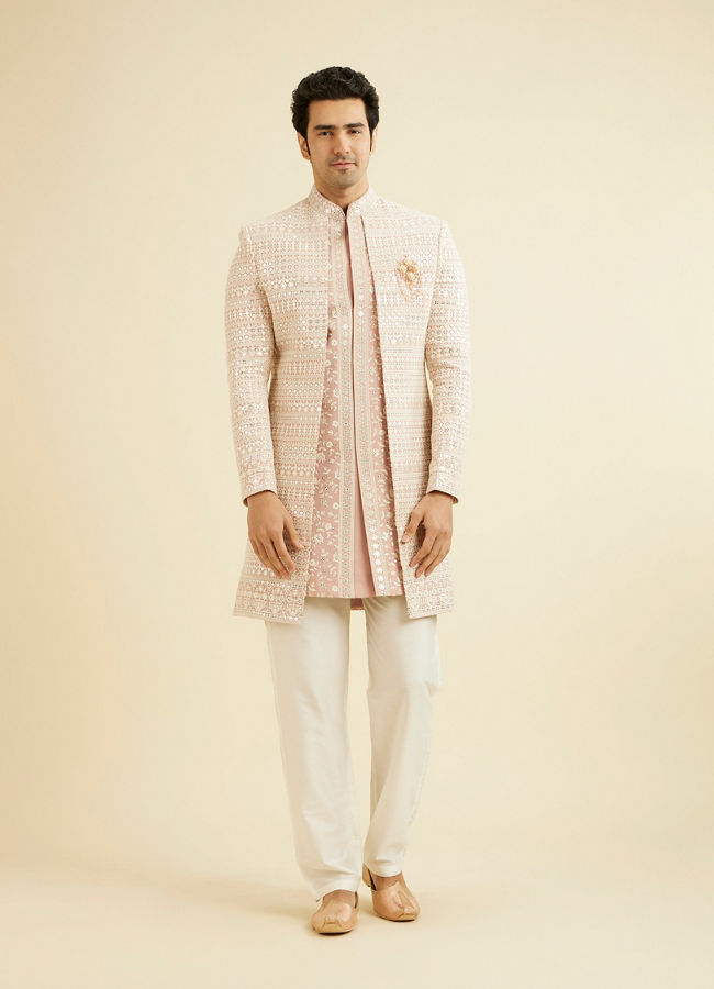 Manyavar Men Dusty Pink Sherwani Jacket Set with Mirror Work