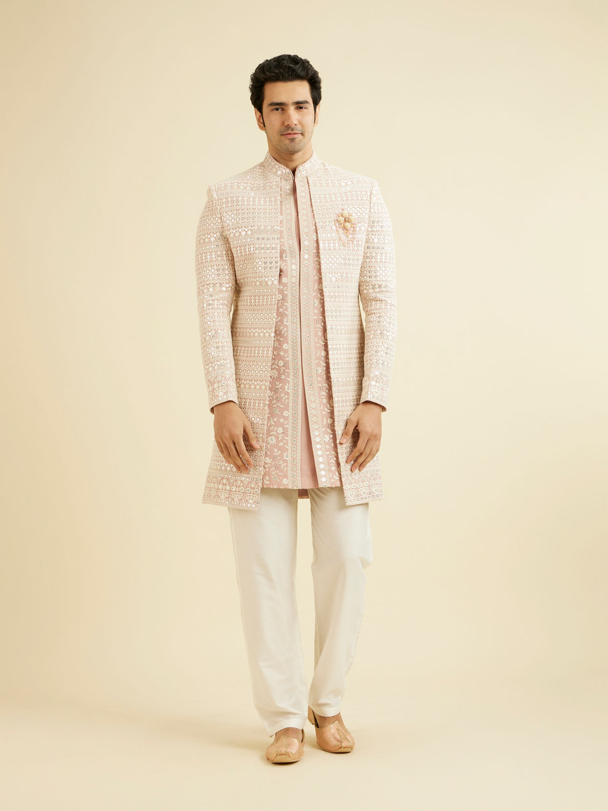 Manyavar Men Dusty Pink Sherwani Jacket Set with Mirror Work