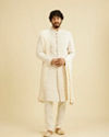Manyavar Men Cream White Self Patterned Rhinestone Embellished Sherwani Set