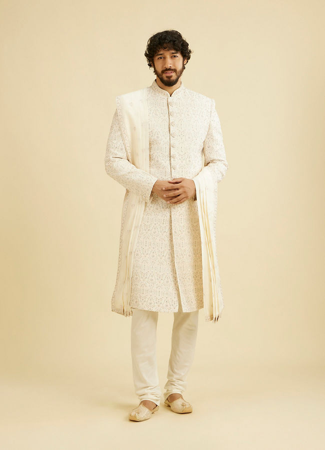 alt message - Manyavar Men Cream White Self Patterned Rhinestone Embellished Sherwani Set image number 1