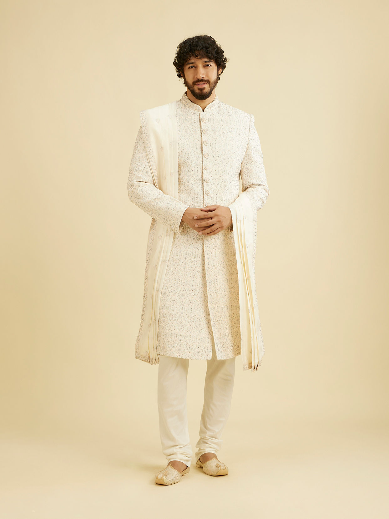 alt message - Manyavar Men Cream White Self Patterned Rhinestone Embellished Sherwani Set image number 1