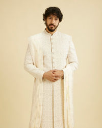 Manyavar Men Cream White Self Patterned Rhinestone Embellished Sherwani Set