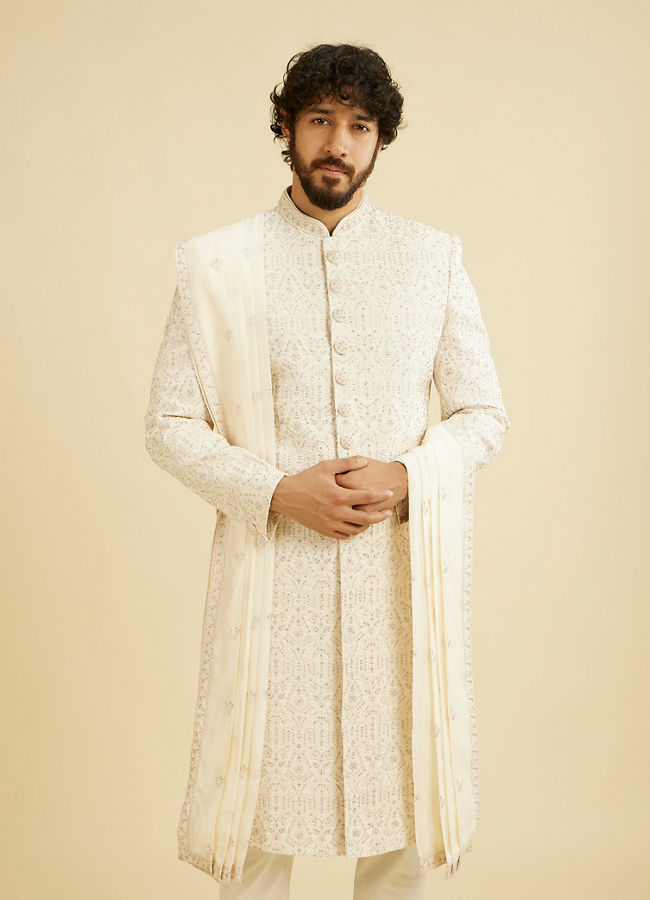 Manyavar Men Cream White Self Patterned Rhinestone Embellished Sherwani Set