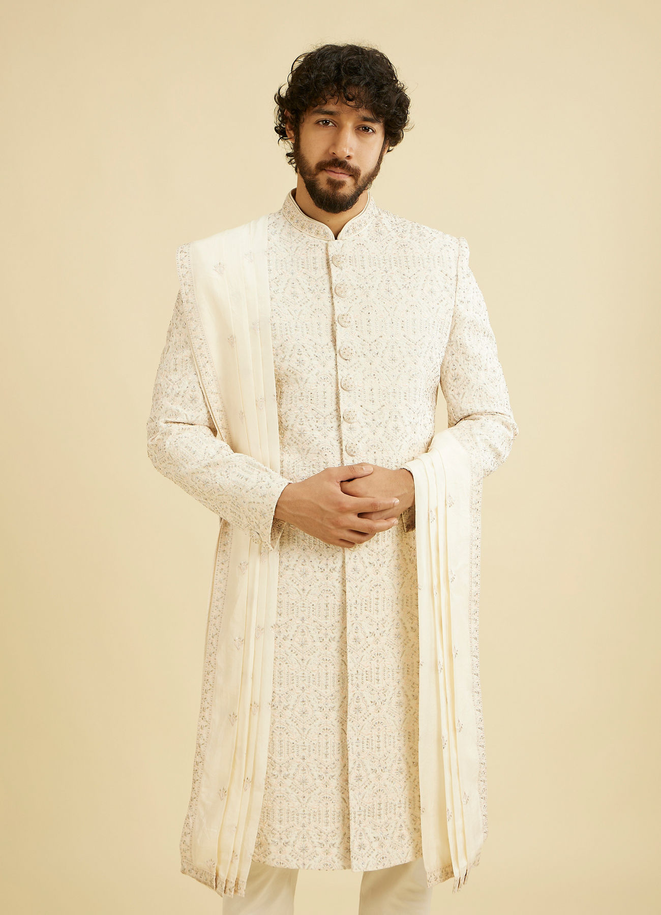 Manyavar Men Cream White Self Patterned Rhinestone Embellished Sherwani Set