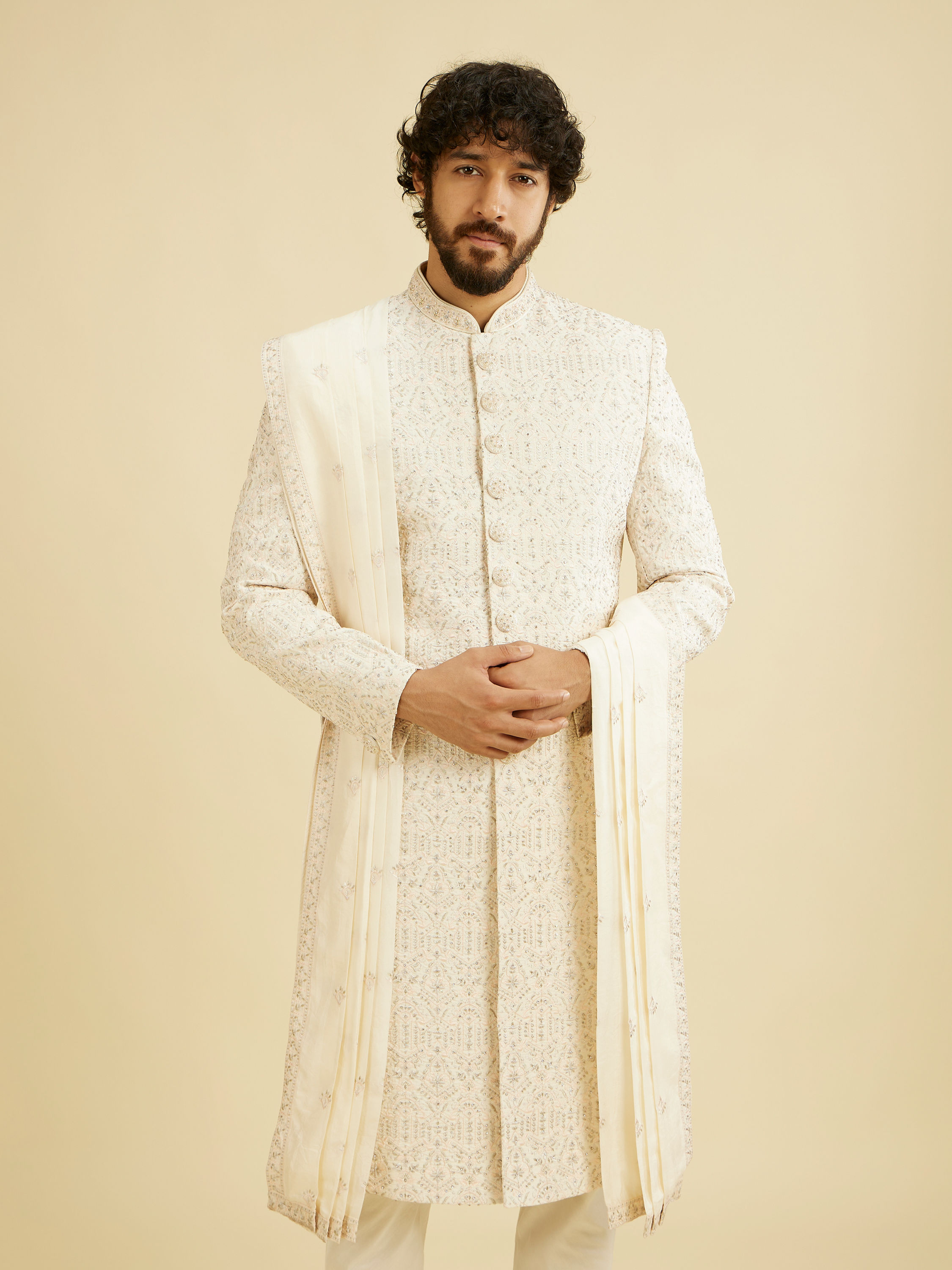 Manyavar Men Cream White Self Patterned Rhinestone Embellished Sherwani Set