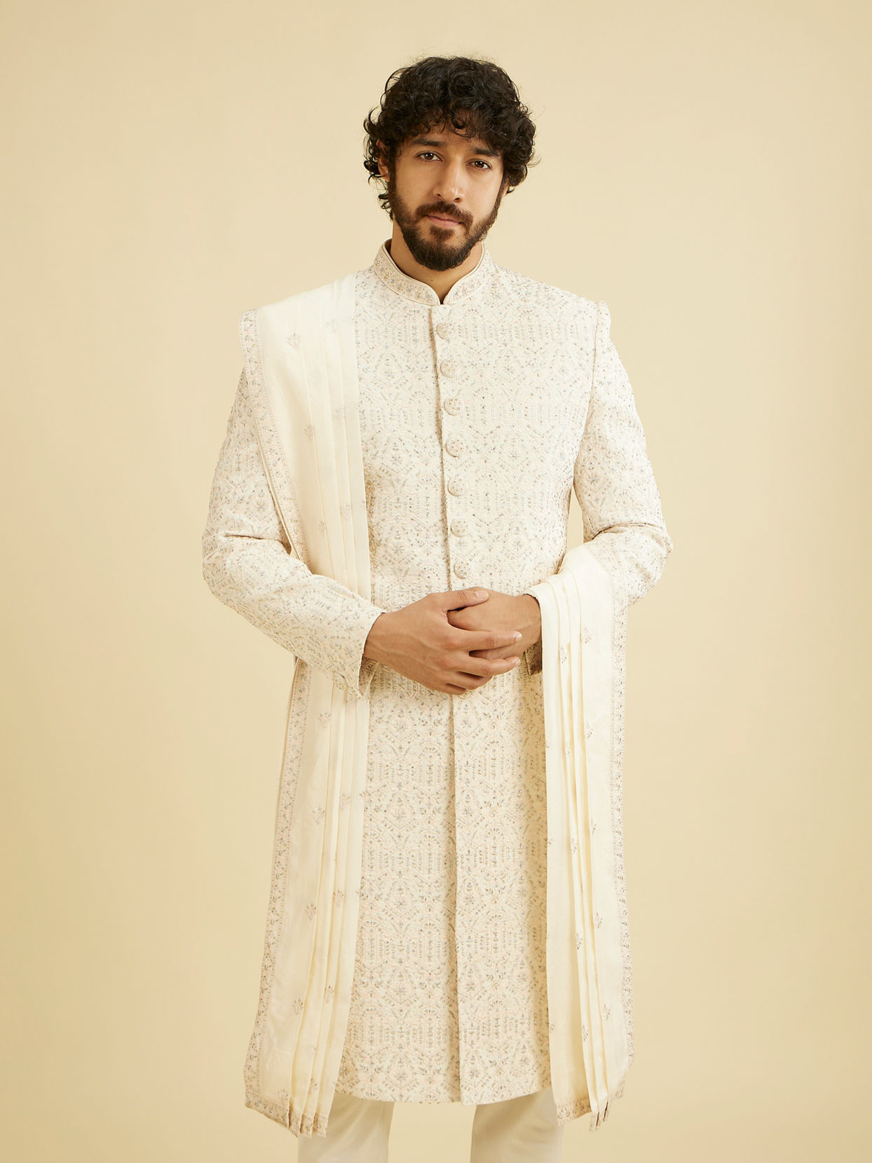 alt message - Manyavar Men Cream White Self Patterned Rhinestone Embellished Sherwani Set image number 2